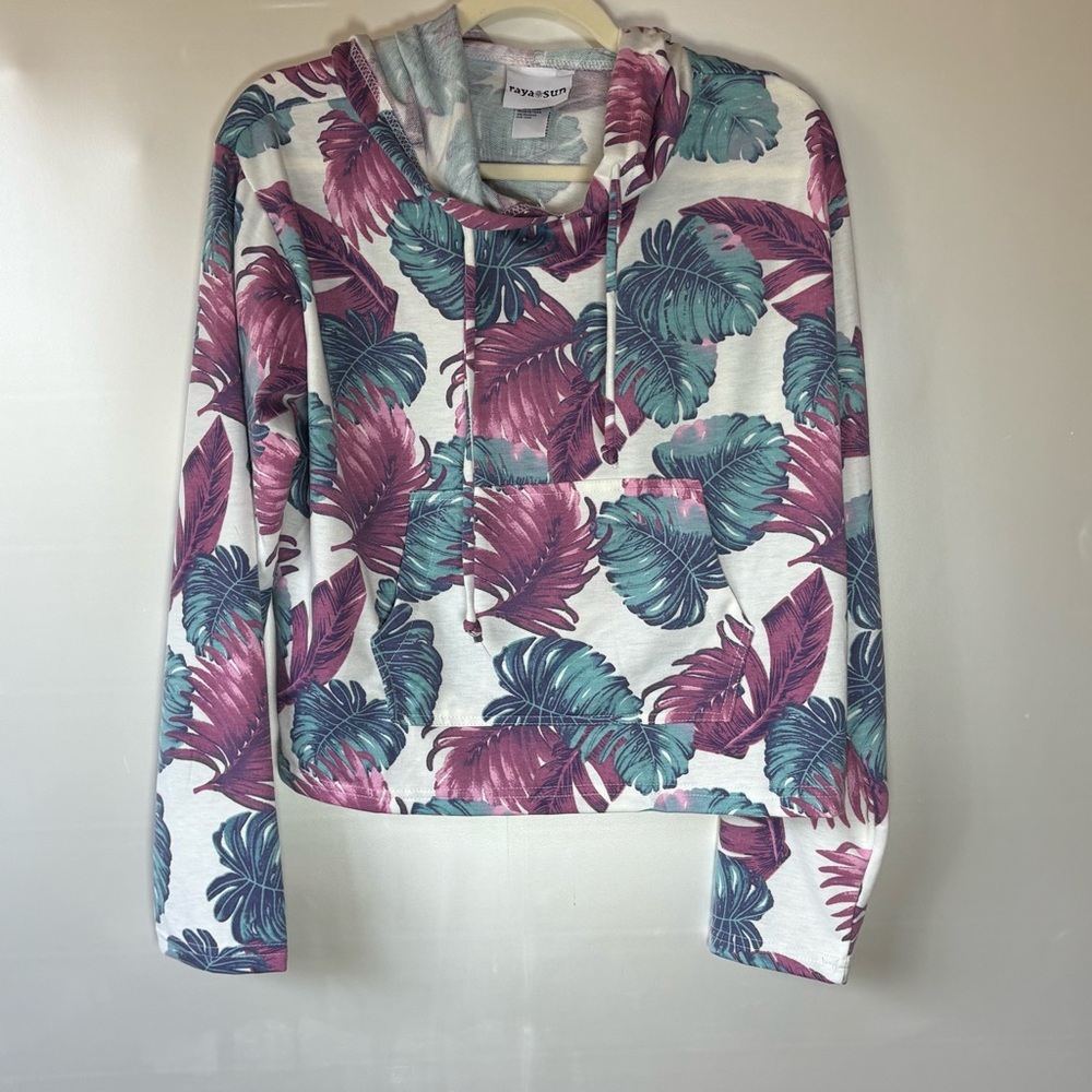 Rays cropped Leaf Print Hoodie - Purple and Teal long sleeves